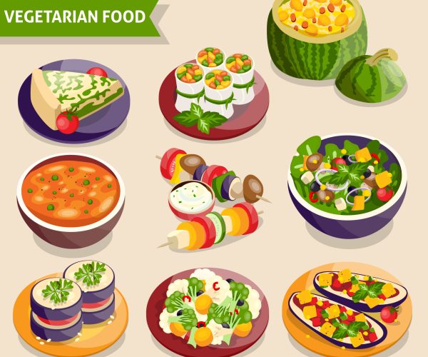 Vegetarian dishes set with fresh vegetable food isolated vector illustration