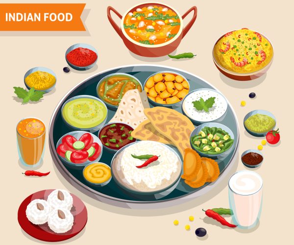 Indian food composition of dishes with seafood beans verdure and sauces also beverages and sweets vector illustration