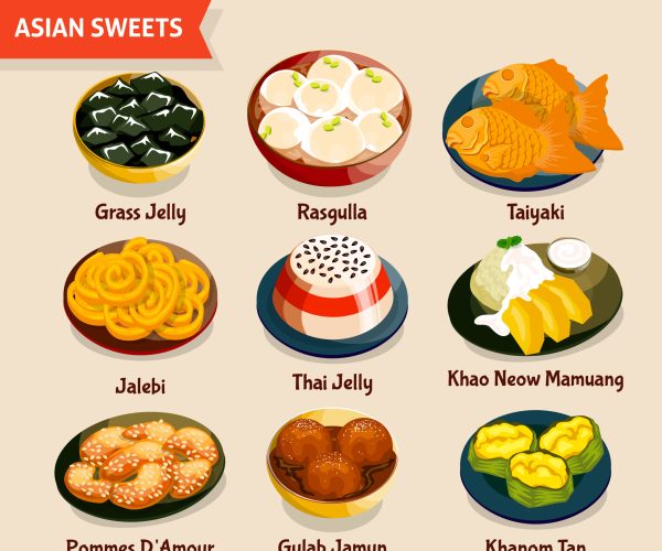 Asian sweets set with traditional desserts of chinese thai indian japanese cuisines isolated vector illustration